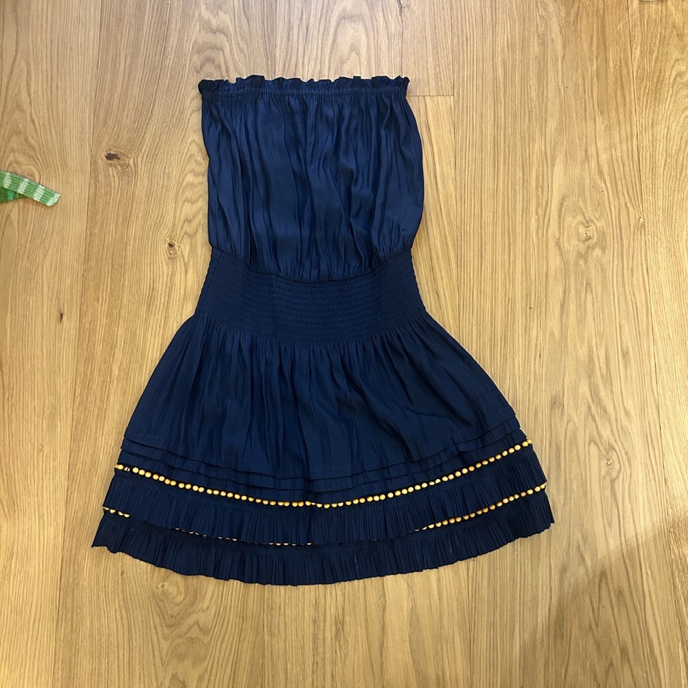 Ramy Brook Navy Strapless Smocked Waist Dress with Beaded Trim